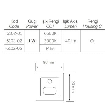 inoled 6102-01 1 Watt Sensörlü Gri Kare LED Merdiven Armatürü - Beyaz Işık (6500K)