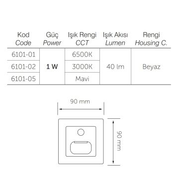 inoled 6101-02 1 Watt Sensörlü Beyaz Kare LED Merdiven Armatürü - Gün Işığı (3000K)