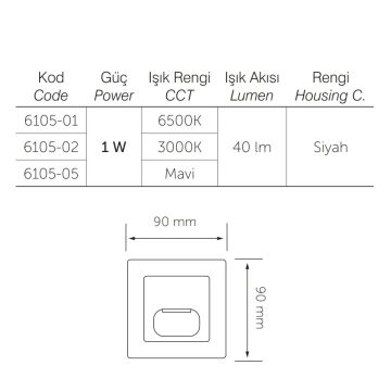 inoled 6105-02 1 Watt Siyah Kare LED Merdiven Armatürü - Gün Işığı (3000K)