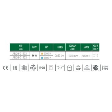 ACK AN20-01203 Neptün 36 Watt 120 cm LED Bant Armatür - Gün Işığı (3000K)