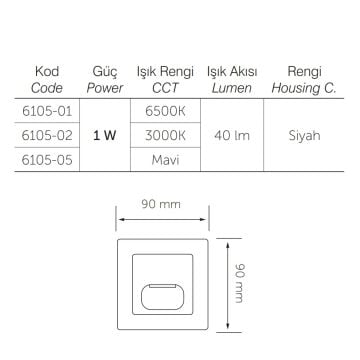 inoled 6105-01 1 Watt Siyah Kare LED Merdiven Armatürü - Beyaz Işık (6500K)