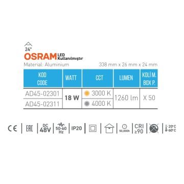 ACK AD45-02301 18 Watt 34 cm Lensli OSRAM LED Magnet Armatür - Gün Işığı (3000K)