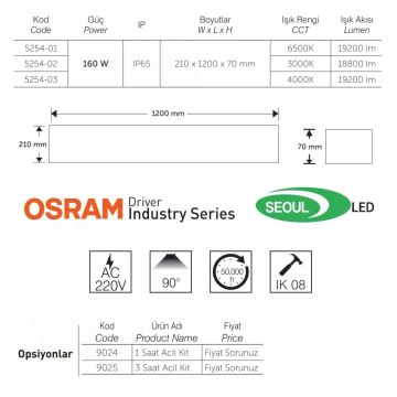 inoled 5254-03 160 Watt 120 cm OSRAM/SEOUL LED Yüksek Tavan Armatürü - Ilık Beyaz (4000K)