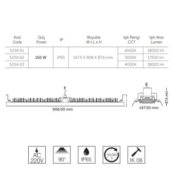 inoled 5234-03 150 Watt 91 cm LED Yüksek Tavan Armatürü - Ilık Beyaz (4000K)