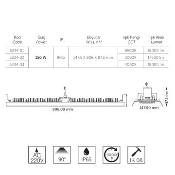 inoled 5234-02 150 Watt 91 cm LED Yüksek Tavan Armatürü - Gün Işığı (3000K)