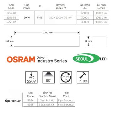 inoled 5252-03 90 Watt 120 cm OSRAM/SEOUL LED Yüksek Tavan Armatürü - Ilık Beyaz (4000K)