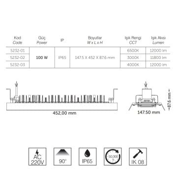 inoled 5232-01 100 Watt 45 cm LED Yüksek Tavan Armatürü - Beyaz Işık (6500K)