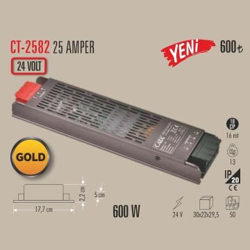 CATA CT-2582 24 Volt 600 Watt 25 Amper Ultra Slim LED Trafosu