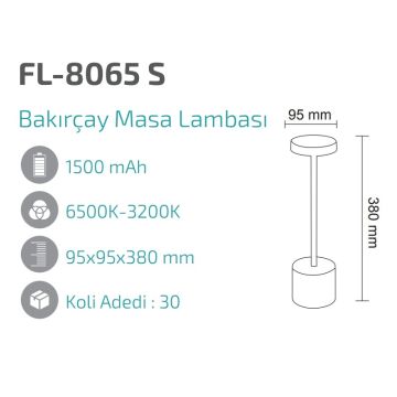 FORLIFE FL-8065 S Bakırçay - Siyah, Dimli, Dokunmatik, Şarjlı LED Masa Lambası - 2 Işık Renkli (Beyaz + Gün Işığı)