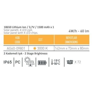 ACK AG60-09801 4 Watt Çift Yönlü Solar Aplik - Gün Işığı (3000K)