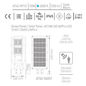 ACK AT42-09131 120 Watt Sensörlü Solar Sokak Armatürü - Beyaz Işık (6500K)