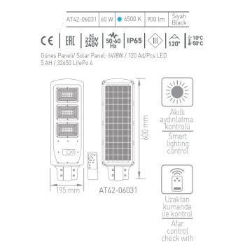 ACK AT42-09031 90 Watt Sensörlü Solar Sokak Armatürü - Beyaz Işık (6500K)