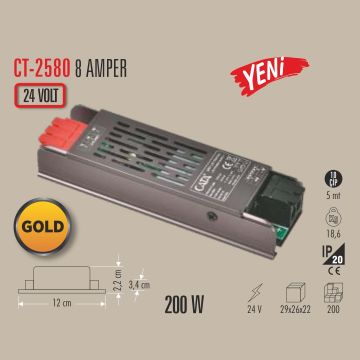 CATA CT-2580 24 Volt 200 Watt 8 Amper Ultra Slim LED Trafosu