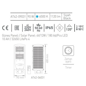 ACK AT42-06031 60 Watt Sensörlü Solar Sokak Armatürü - Beyaz Işık (6500K)