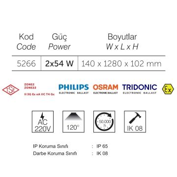 inoled 5266 2x54 Watt 128 cm TSE Sertifikalı LED Exproff Armatür - Beyaz Işık (6500K)