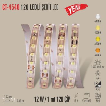 CATA CT-4540-6500K 12 Volt 12 Watt/Metre 120 Ledli Beyaz (6500K) Şerit Led [5 Metre]