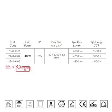 inoled 2944-K-02 40 Watt 120 cm Radar Sensörlü ve Acil Aydınlatma Kitli Nemliyer LED Etanj - Gün Işığı (3000K)
