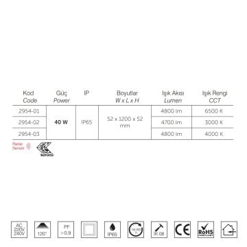 inoled 2954-03 40 Watt 120 cm Radar Sensörlü Nemliyer LED Etanj - ENEC Sürücülü - Ilık Beyaz (4000K)
