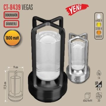 CATA CT-8439-Siyah Vegas Dimli ve Dokunmatik, Şarjlı LED Masa Lambası - 3 Işık Renkli (Beyaz + Ilık Beyaz + Gün Işığı)