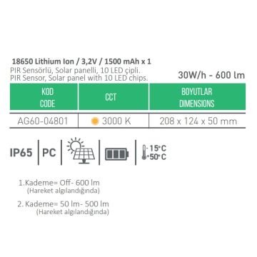ACK AG60-04801 30 Watt/h Solar Aplik - Gün Işığı (3000K) - PC Gövde