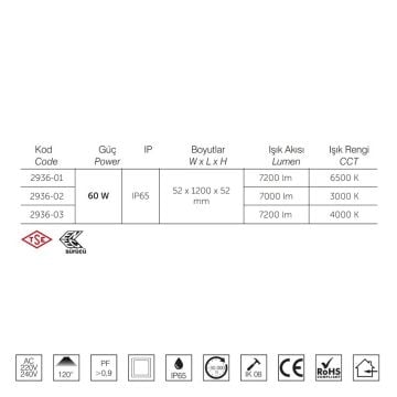inoled 2936-02 60 Watt 120 cm Acil Aydınlatma Kitli Nemliyer LED Etanj - ENEC Sürücülü - Gün Işığı (3000K)