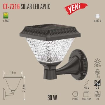CATA CT-7316 30 Watt Solar Aplik - Beyaz Işık (6400K)