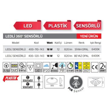 HOROZ 400-110-143-S 18 Watt Siyah Kasa Sensörlü LED Glop Armatür - Plastik Gövde - Beyaz Işık (6400K)