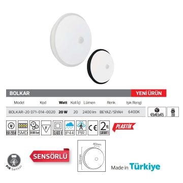 HOROZ 071-014-0020-S Bolkar 20 Watt Sensörlü LED Glop Armatür - Plastik Gövde - Beyaz Işık (6400K)