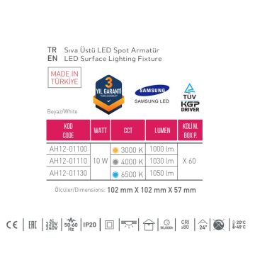 ACK AH12-01131 10 Watt 10x10x6 cm Siyah-Platin Sıva Üstü LED Spot - Metal - Beyaz Işık (6500K)