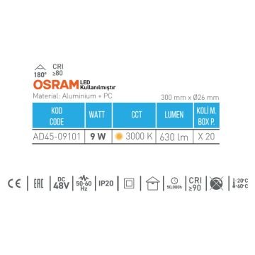 ACK AD45-09101 9 Watt 30 cm OSRAM LED Magnet Armatür - Gün Işığı (3000K)