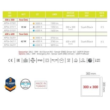 ACK AP04-01501 15 Watt 30x30 Siyah Kasa Sıva Üstü LED Panel - Gün Işığı (3000K)