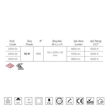 inoled 2934-03 40 Watt 120 cm TSE Sertifikalı Nemliyer LED Etanj - Ilık Beyaz (4000K)