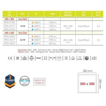 ACK AP04-01531 15 Watt Siyah Kasa Sıva Üstü 30x30 LED Panel - Beyaz Işık (6500K)