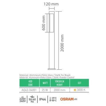 CreaLight AG43-04001 25 Watt 200 cm LED Park & Peyzaj Armatürü - Gün Işığı (3000K) - Metal Gövde