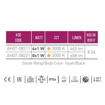 ACK AH07-08211 6x1 Watt Çift Yönlü Dış Mekan LED Aplik - Metal - Gün Işığı (3000K)