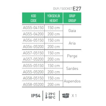 CreaLight AG56-05150 Aria 150 cm Park & Peyzaj Armatürü (PC Gövde - E27 Duylu)