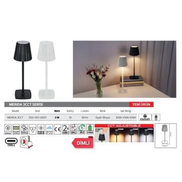HOROZ 050-001-0001-Beyaz 3 Watt Dimli ve Dokunmatik, Şarjlı LED Masa Lambası - 3 Işık Renkli (Beyaz + Ilık Beyaz + Gün Işığı)