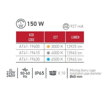 ACK AT41-19400 150 Watt LED Sokak Armatürü - Gün Işığı (3000K)