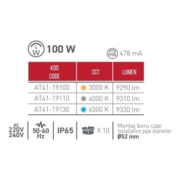 ACK AT41-19130 100 Watt LED Sokak Armatürü - Beyaz Işık (6500K)