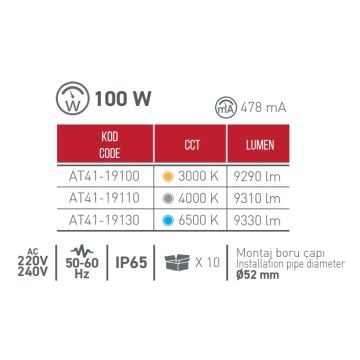 ACK AT41-19110 100 Watt LED Sokak Armatürü - Ilık Beyaz (4000K)