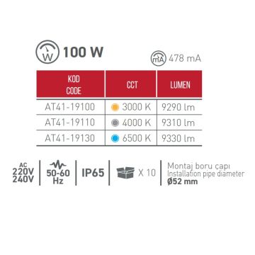 ACK AT41-19100 100 Watt LED Sokak Armatürü - Gün Işığı (3000K)