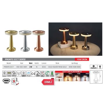 HOROZ 050-002-0001-Krom PRONTO Krom 2 Watt Dimli ve Dokunmatik, Şarjlı LED Masa Lambası - 3 Işık Renkli (Beyaz + Ilık Beyaz + Gün Işığı)