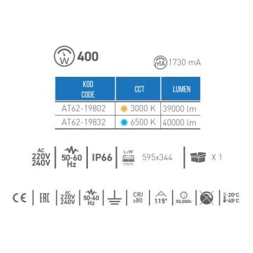 ACK AT62-19802 400 Watt LED Projektör - Gün Işığı (3000K)