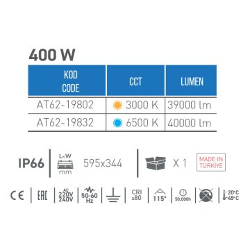 ACK AT62-19802 400 Watt LED Projektör - Gün Işığı (3000K)