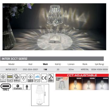 HOROZ 050-004-0001 INTER 1 Watt Dimli ve Dokunmatik, Şarjlı LED Masa Lambası - 3 Işık Renkli (Beyaz + Ilık Beyaz + Gün Işığı)