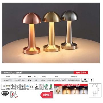 HOROZ 050-003-0001-Rose AVIVA Rose 2 Watt Dimli ve Dokunmatik, Şarjlı LED Masa Lambası - 3 Işık Renkli (Beyaz + Ilık Beyaz + Gün Işığı)