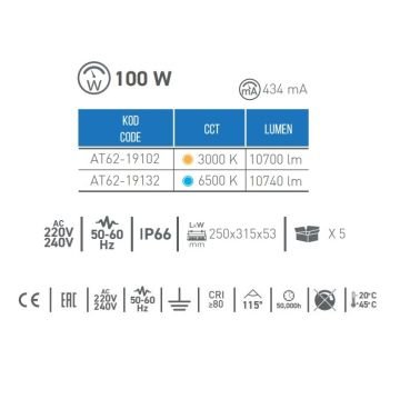 ACK AT62-19132 100 Watt LED Projektör - Beyaz Işık (6500K)