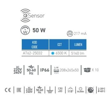 ACK AT62-25032 50 Watt Sensörlü LED Projektör - Beyaz Işık (6500K)