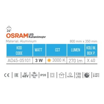 ACK AD45-05101 3 Watt OSRAM LED Magnet Ray Spot - Gün Işığı (3000K)