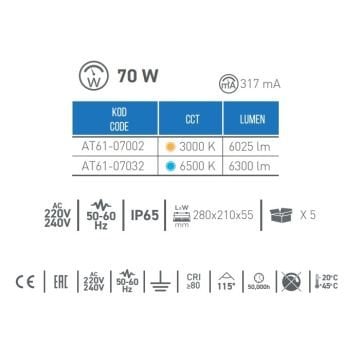 ACK AT61-07002 50 Watt LED Projektör - Gün Işığı (3000K)